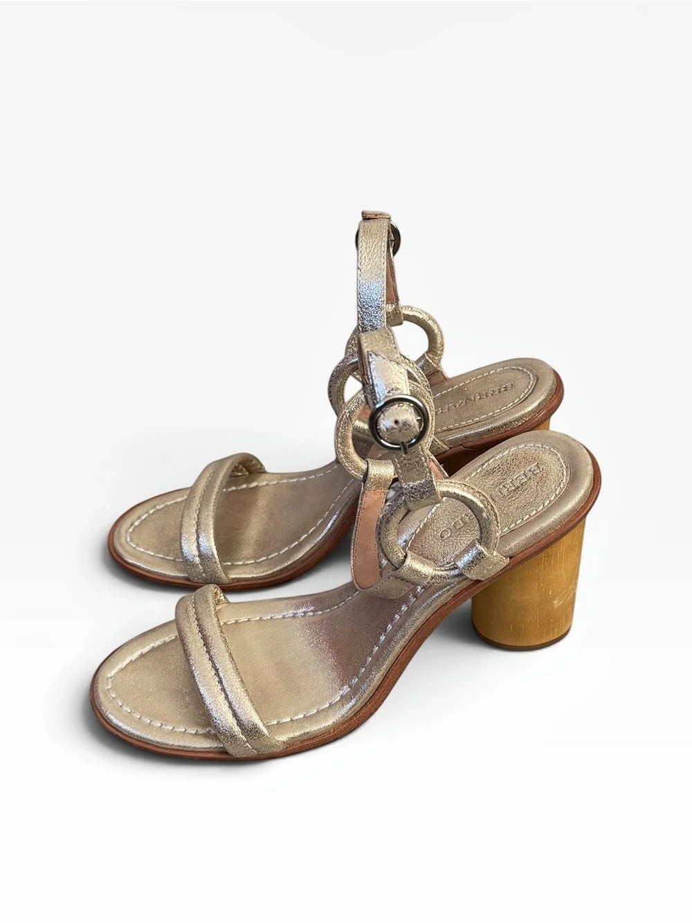 Bernardo Anthropologie Harlow Heeled Sandal Wood Block Gold Leather 9.5 Formal - Picture 2 of 11